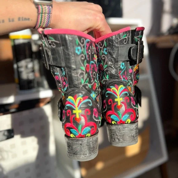 Old Gringo Klak Sugar Skull Black Leather Rainbow Biker Boots 7.5 - Picture 14 of 15